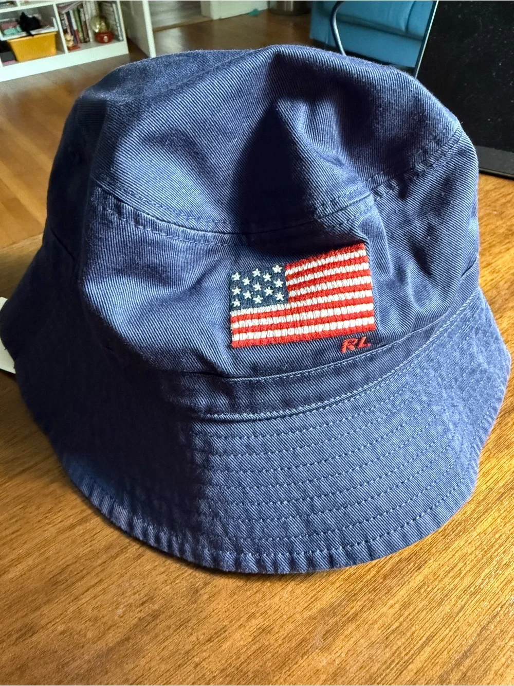 Ralph Lauren Kids Navy Bucket Hat with Embroidered American Flag